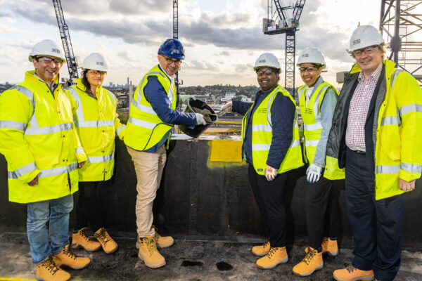 Topping Out for Plot 12, Brent Cross Town Left to Right: Cllr Schneiderman and Cllr Clarke, Barnet Council Andre Gibbs, Related Argent Gwen Gonzales, Whitefield Estate Resident Steering Group Natalie Stump, L&Q Cllr Ross Houston, Barnet Council