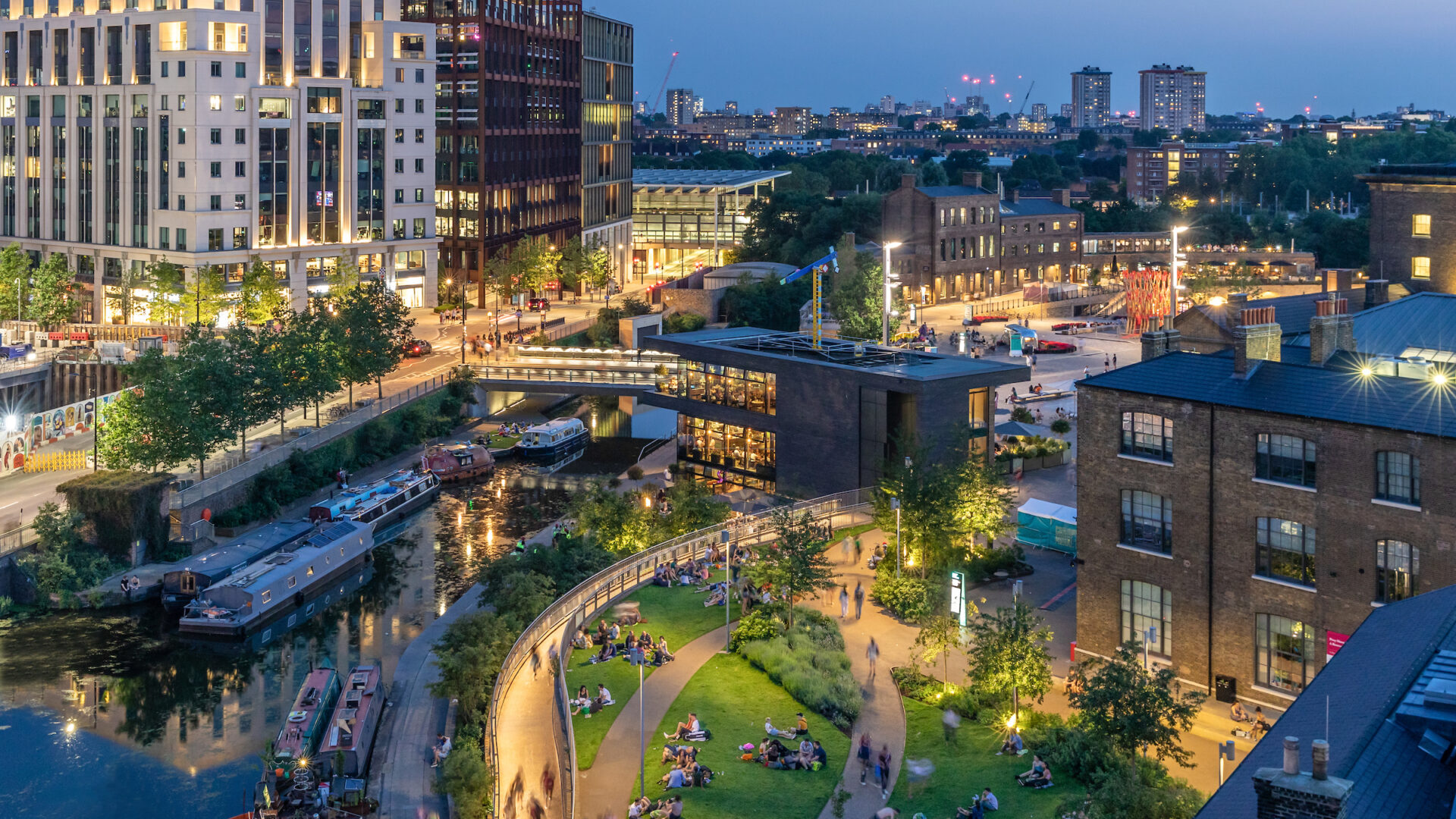 King's Cross at dusk aerial over the canal and Wharf Road Gardens