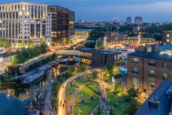 King's Cross at dusk aerial over the canal and Wharf Road Gardens