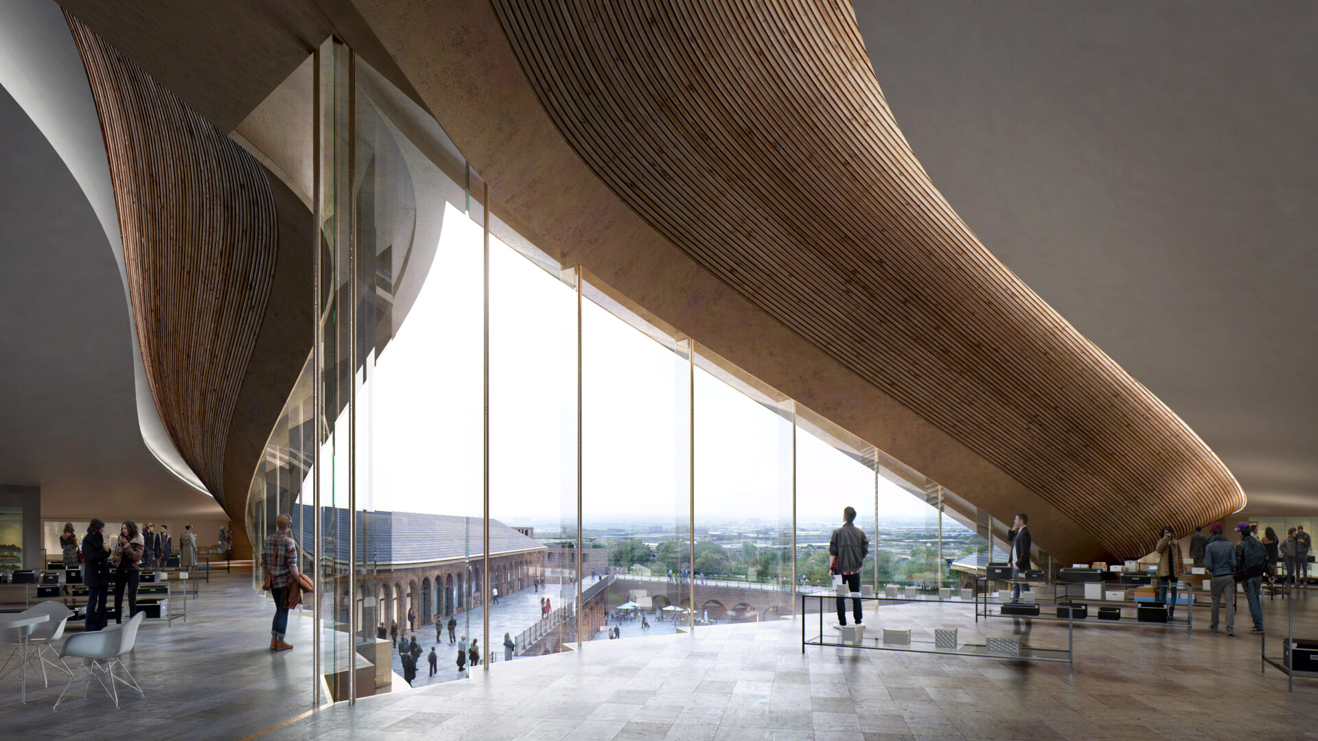 CGI of kissing roofs from inside Samsung KX, King's Cross