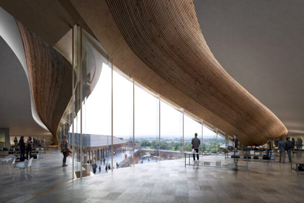 CGI of kissing roofs from inside Samsung KX, King's Cross