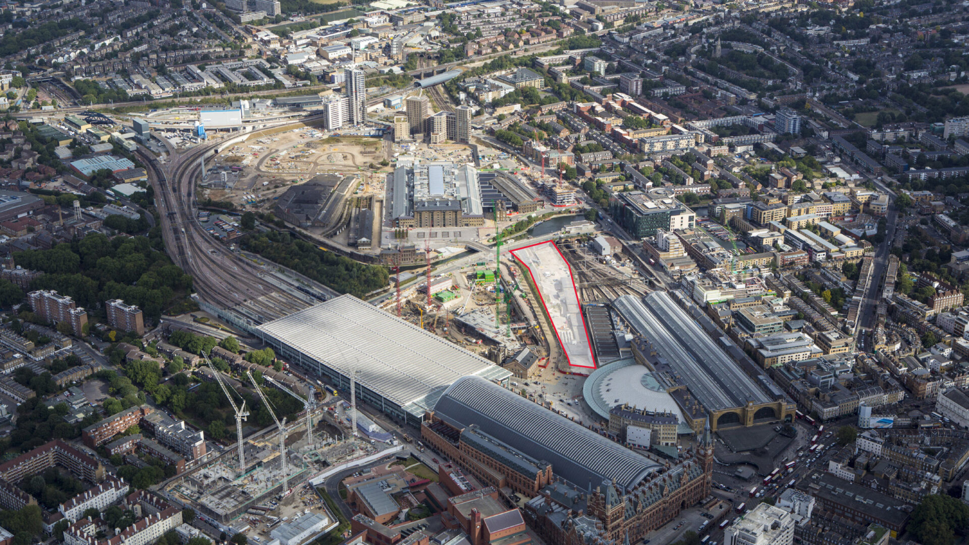 Aerial view of King's Cross with Google plot