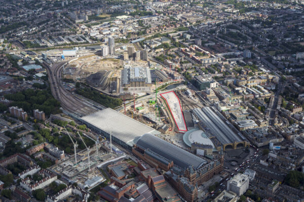 Aerial view of King's Cross with Google plot