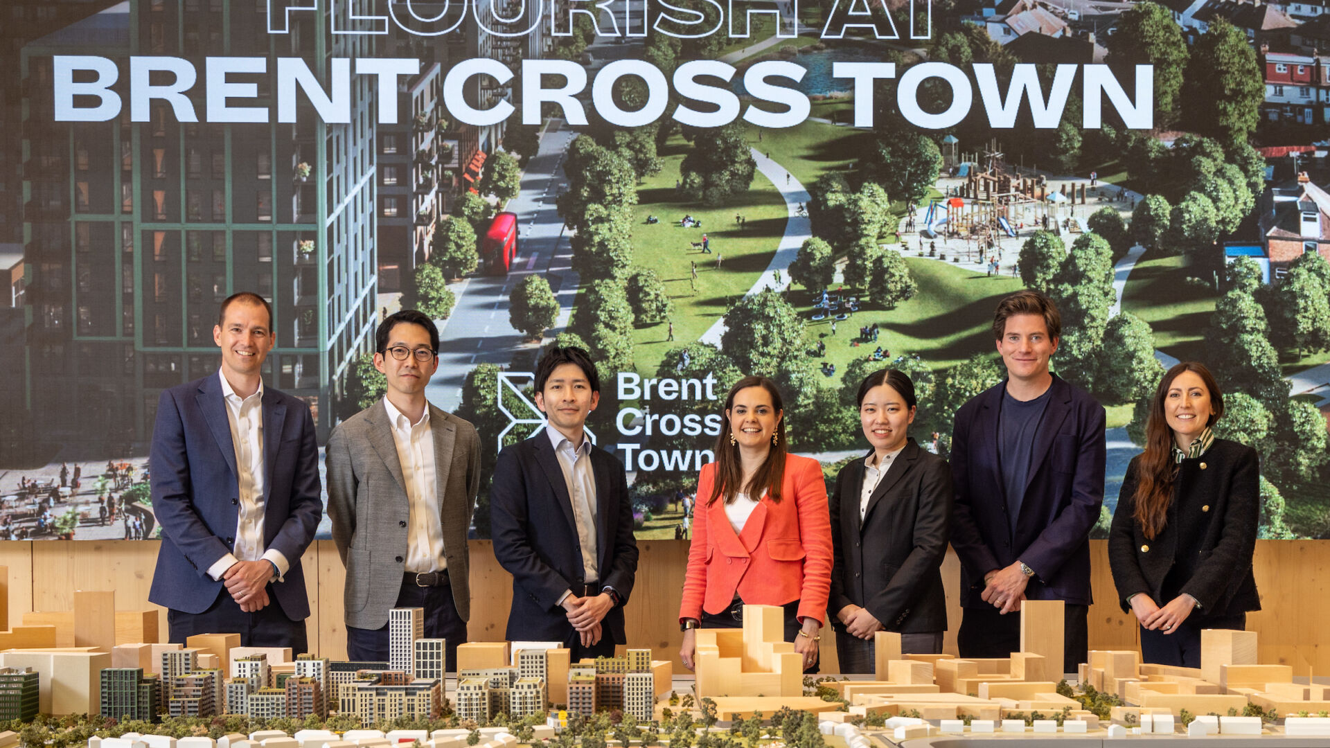 Related Argent NTT Plot 15 announcement - Brent Cross Town l-r-Tom-Goodall-Shun-Nakamura-Tadashi-Ito-Morwenna-Hall-Yuna-Takeshita-Oli-Rifkind-Joanna-Tatlow-beside-Brent-Cross-Town-scale-model