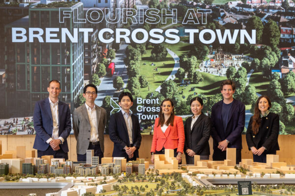 Related Argent NTT Plot 15 announcement - Brent Cross Town l-r-Tom-Goodall-Shun-Nakamura-Tadashi-Ito-Morwenna-Hall-Yuna-Takeshita-Oli-Rifkind-Joanna-Tatlow-beside-Brent-Cross-Town-scale-model